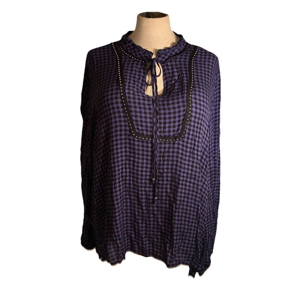 Eyeshadow Women’s 3X Top. Indigo Blue And Black Plaid W/ Silver Grommets  & Tie